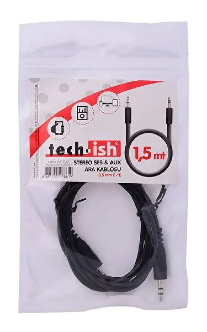 Tek-İş Aux Stereo Ses Aktarım Kablosu 3.5mm Jak Erkek Erkek L Tipi 1.5 Metre