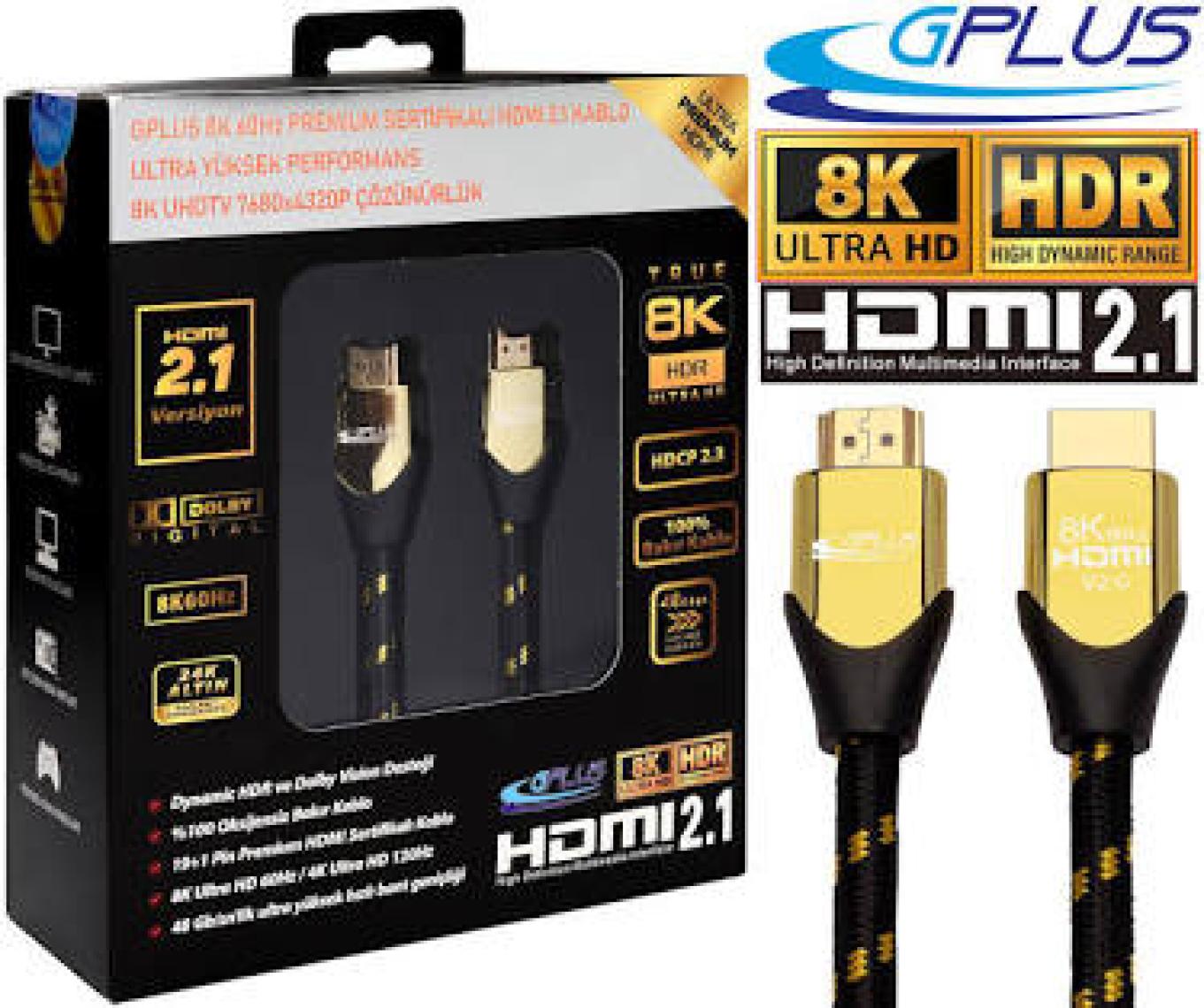 Gplus 8K60 6 Metre HDMI 2.1 48 Gbps 8k Ultra Hd Premium Sertifikalı 8k 60Hz 4320P 4K 120Hz 2160P 26 Awg D-Hdr Hdcp 2.3 Earc Destekli 48 Gbps Ultra Yüksek Çözünürlüklü HDMI 2.1 Görüntü Kablosu