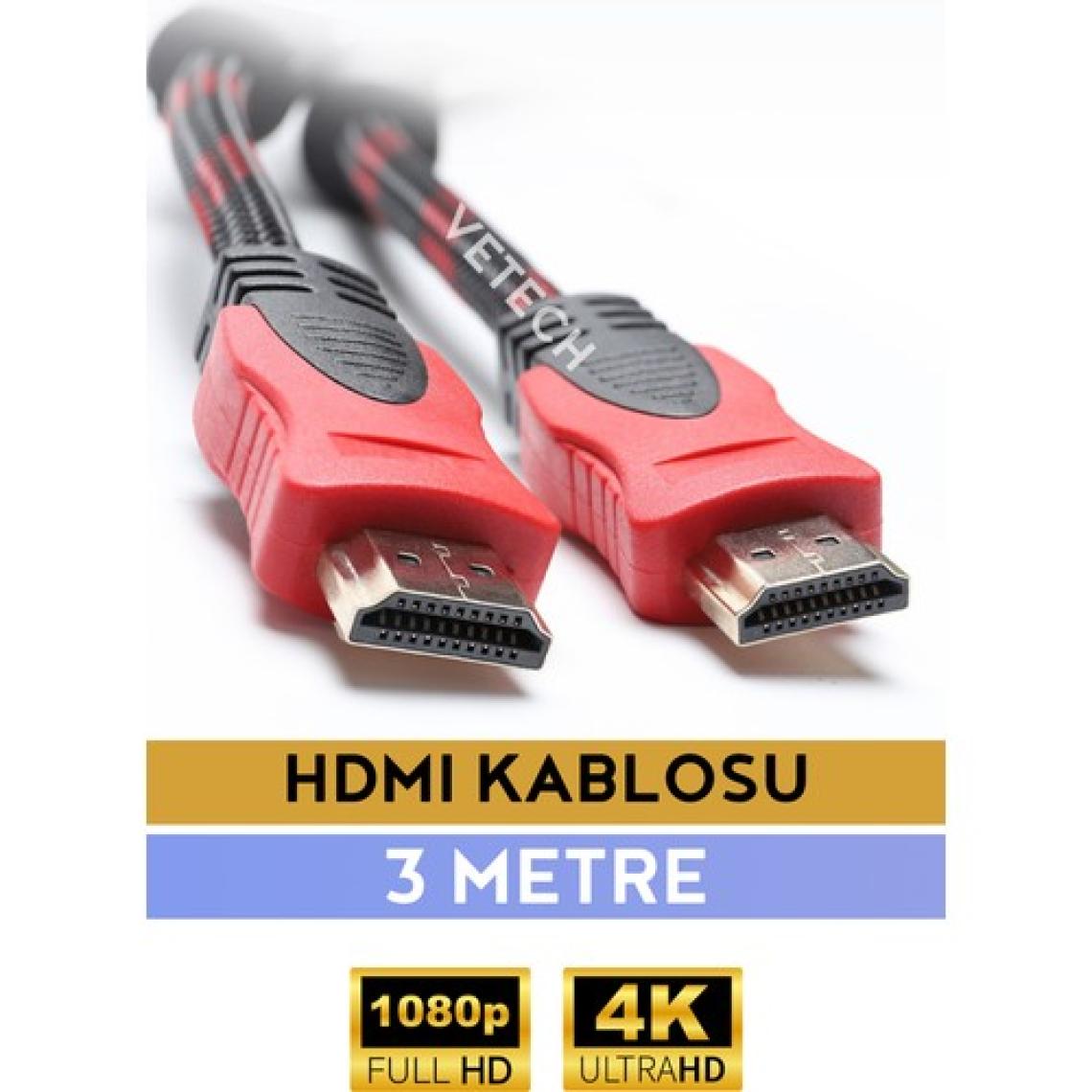 Vetech 3 Metre HDMI Kablo Full Hd Tv Monitör Uydu Alıcısı Pc Uyumlu HDMI Kablosu