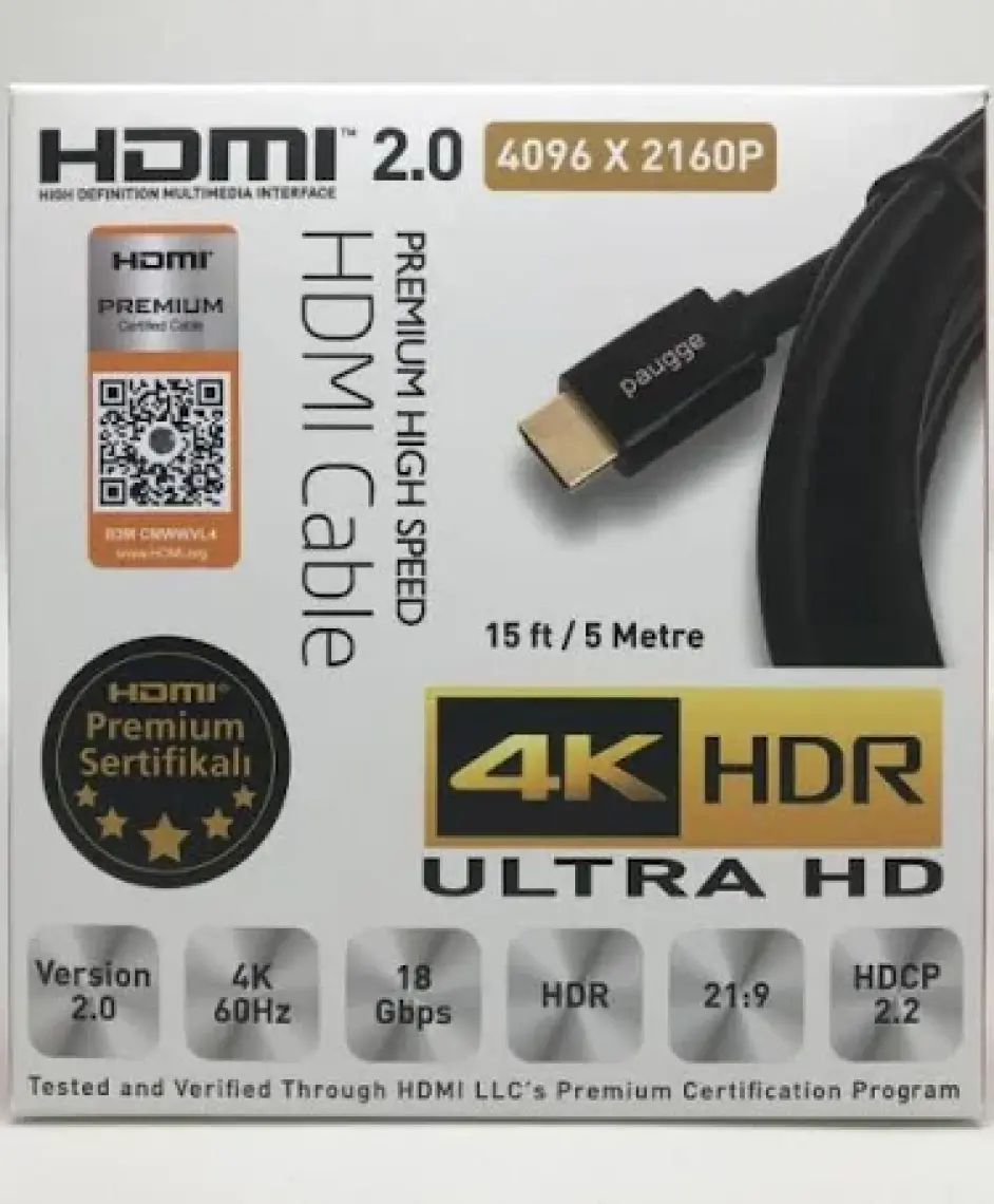 Paugge Hdmi 2.0b Premium Sertifikalı 4K 60Hz 18Gbps Bandwith HDR Dolby Vision HDCP 2.2 Destekli HDMI Kablo - 5 Metre