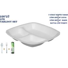 Üç (3) Gözlü Tabldot Köpük Tabak  +Lüx Çatal+Lüx Kaşık+Çöp Poşeti
