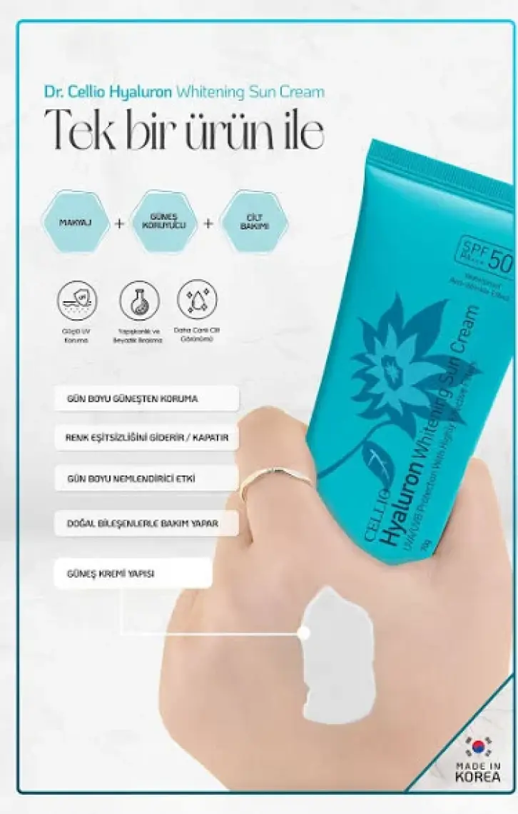 Dr. Cellio Hyaluronik Asit İçeren Yoğun Nemlendirici Yüksek Koruyucu SPF 50+ Pa +++ Uva-Uvb Güneş Koruyucu Krem