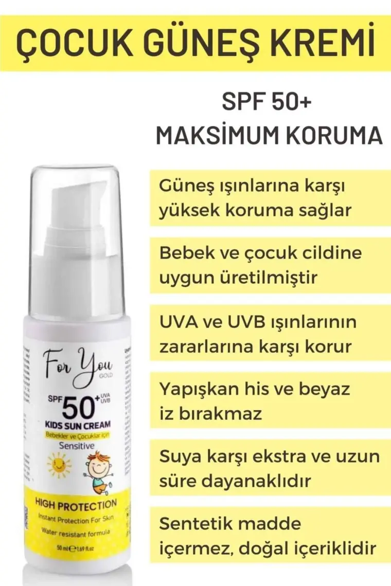 For You Gold Bebek ve Çocuklar Için SPF50+ Çok Yüksek Koruma Faktörlü Güneş Kremi