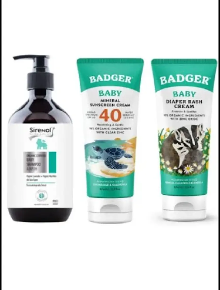 Badger  Bebek Güneş Kremi, Pişik Kremi ve Sirenol  Bebek Saç Vücut Şampuanı Set