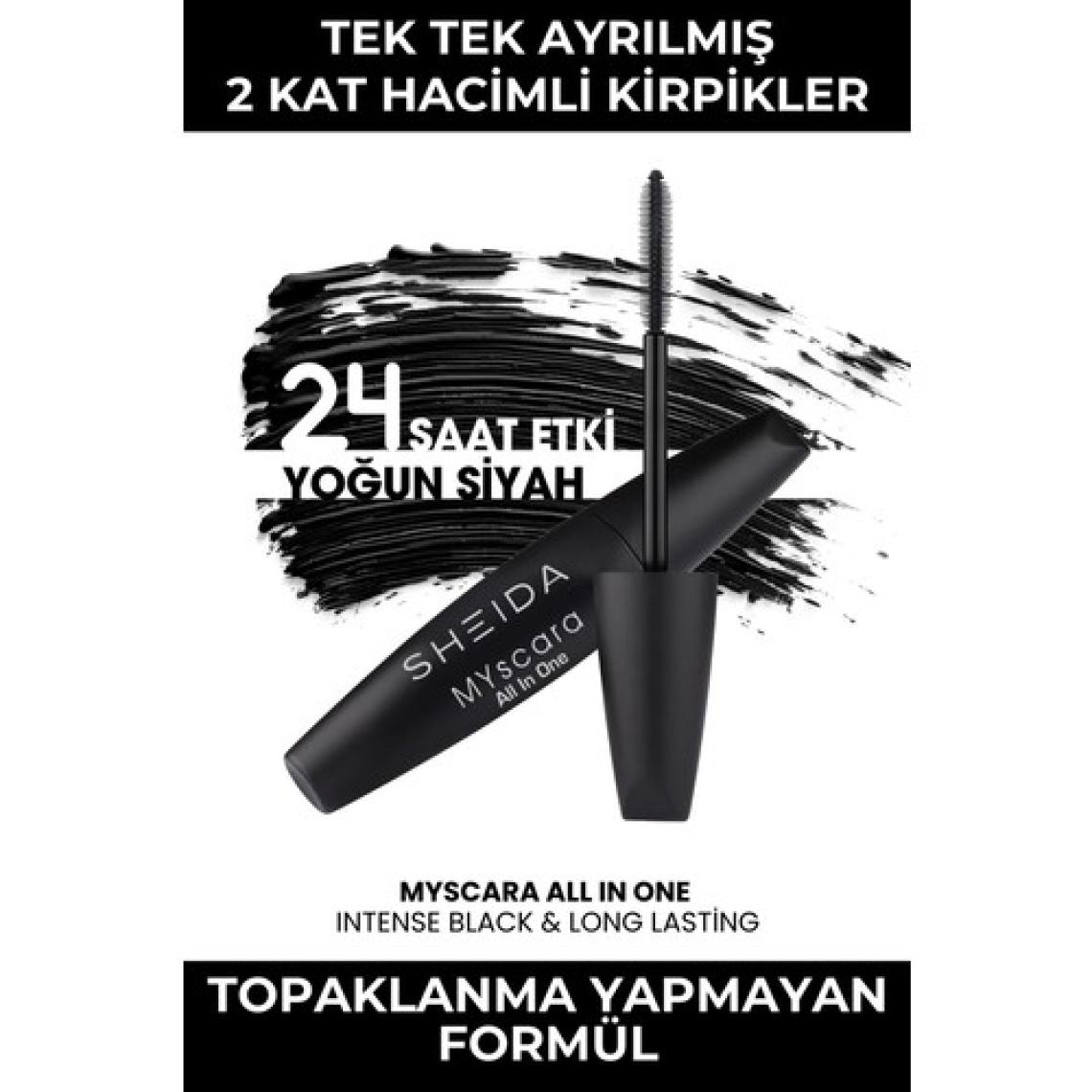 Sheida Myscara Tüm Özellikleriyle Maskara - Hacim, Kıvırma ve Uzatma Etkisi, Siyah, 8 ml, Bitkisel İçerik