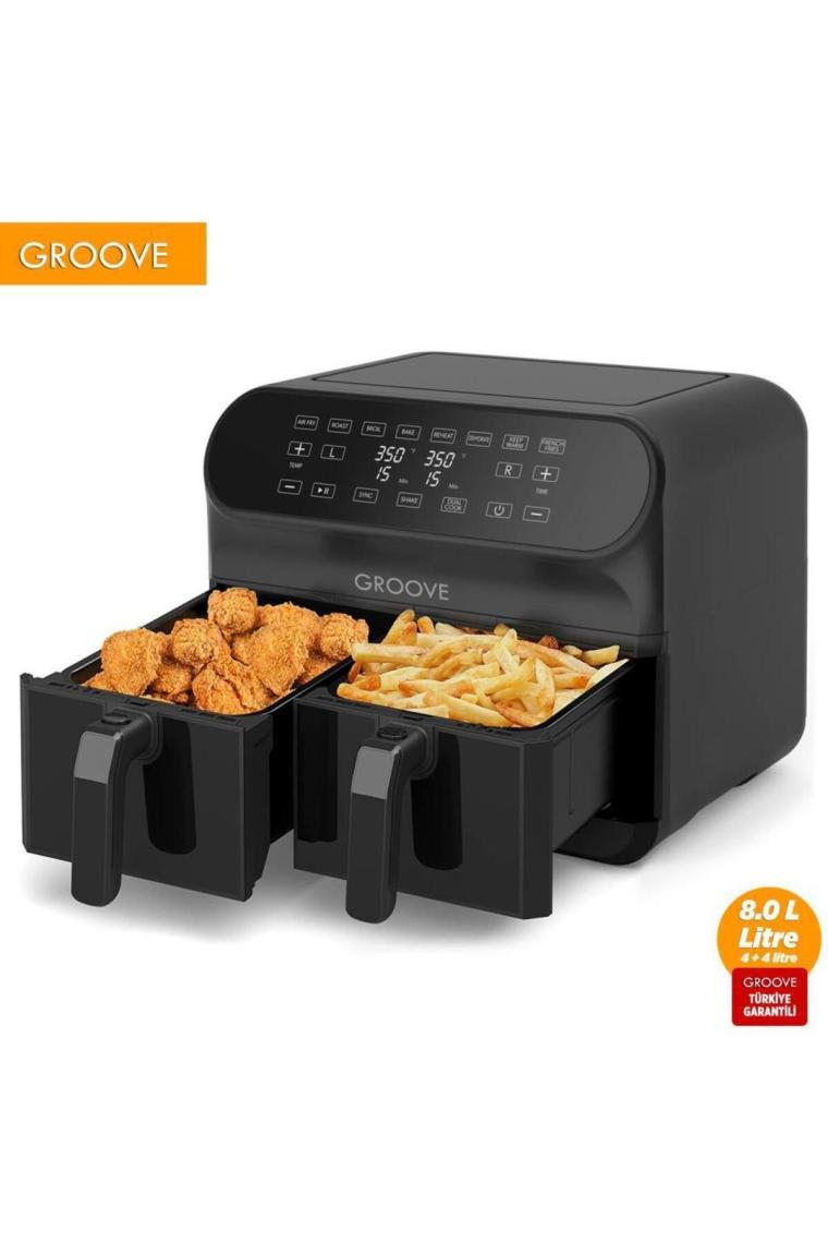 Groove Max Plus Xxl 1800W (4lt+4lt) 8lt Çift Hazneli Smart Airfryer Air Fryer Yağsız Sıcak Hava Fritözü Siyah