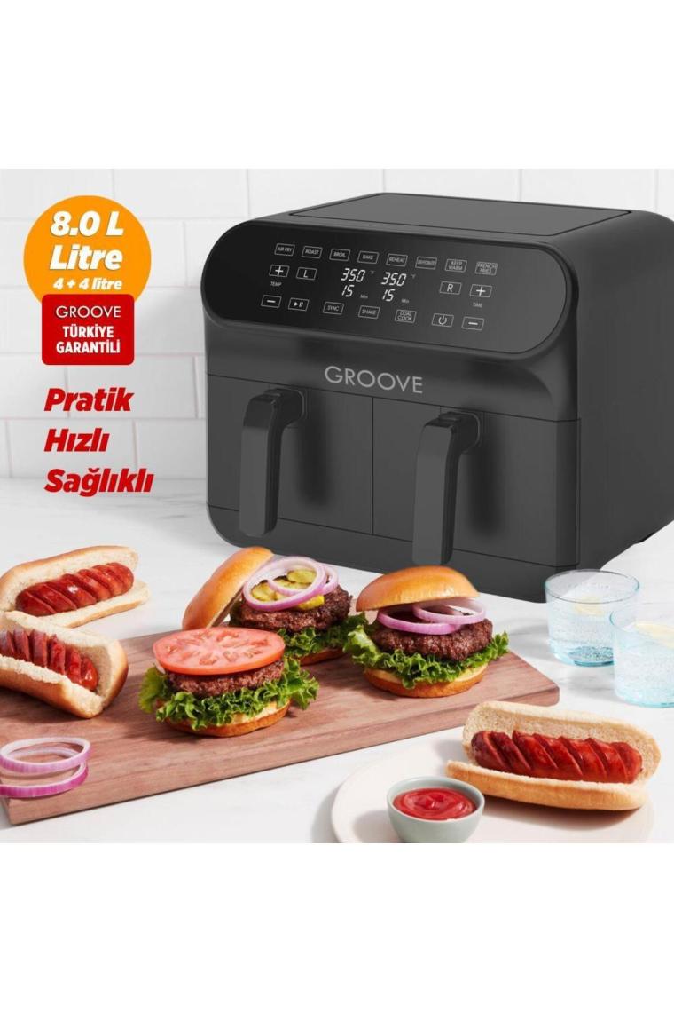Groove Max Plus Xxl 1800W (4lt+4lt) 8lt Çift Hazneli Smart Airfryer Air Fryer Yağsız Sıcak Hava Fritözü Siyah