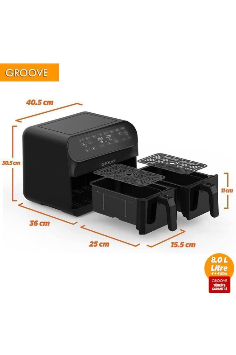 Groove Max Plus Xxl 1800W (4lt+4lt) 8lt Çift Hazneli Smart Airfryer Air Fryer Yağsız Sıcak Hava Fritözü Siyah