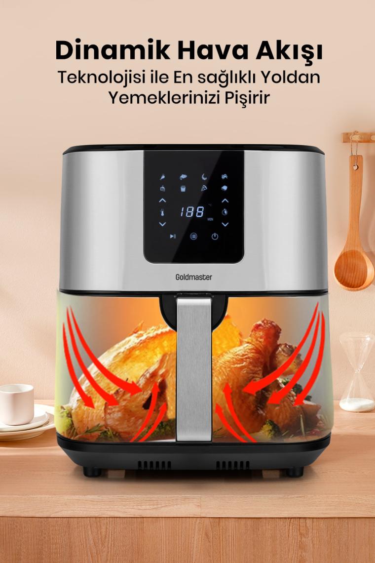 Brenda 7 Litre Inox Geniş Hazneli Xxl Dokunmatik 8 Ön Ayarlı Airfryer Sıcak Hava Fritözü