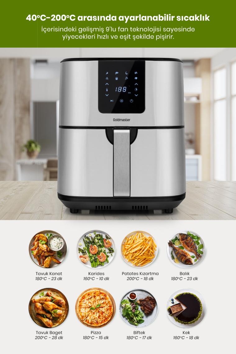 Brenda 7 Litre Inox Geniş Hazneli Xxl Dokunmatik 8 Ön Ayarlı Airfryer Sıcak Hava Fritözü