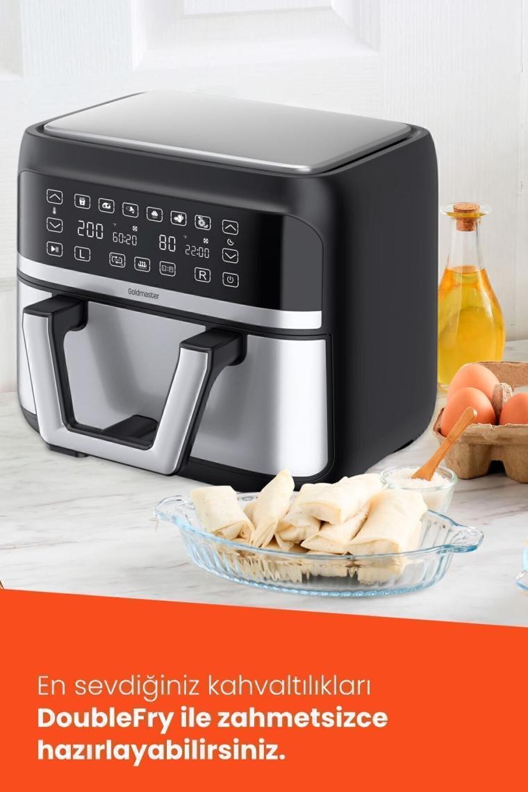 Doublefry 2850w 9 Litre 3xl Dev Tek Ve Çift Hazneli Dokunmatik Airfryer Yağsız Sıcak Hava Fritözü