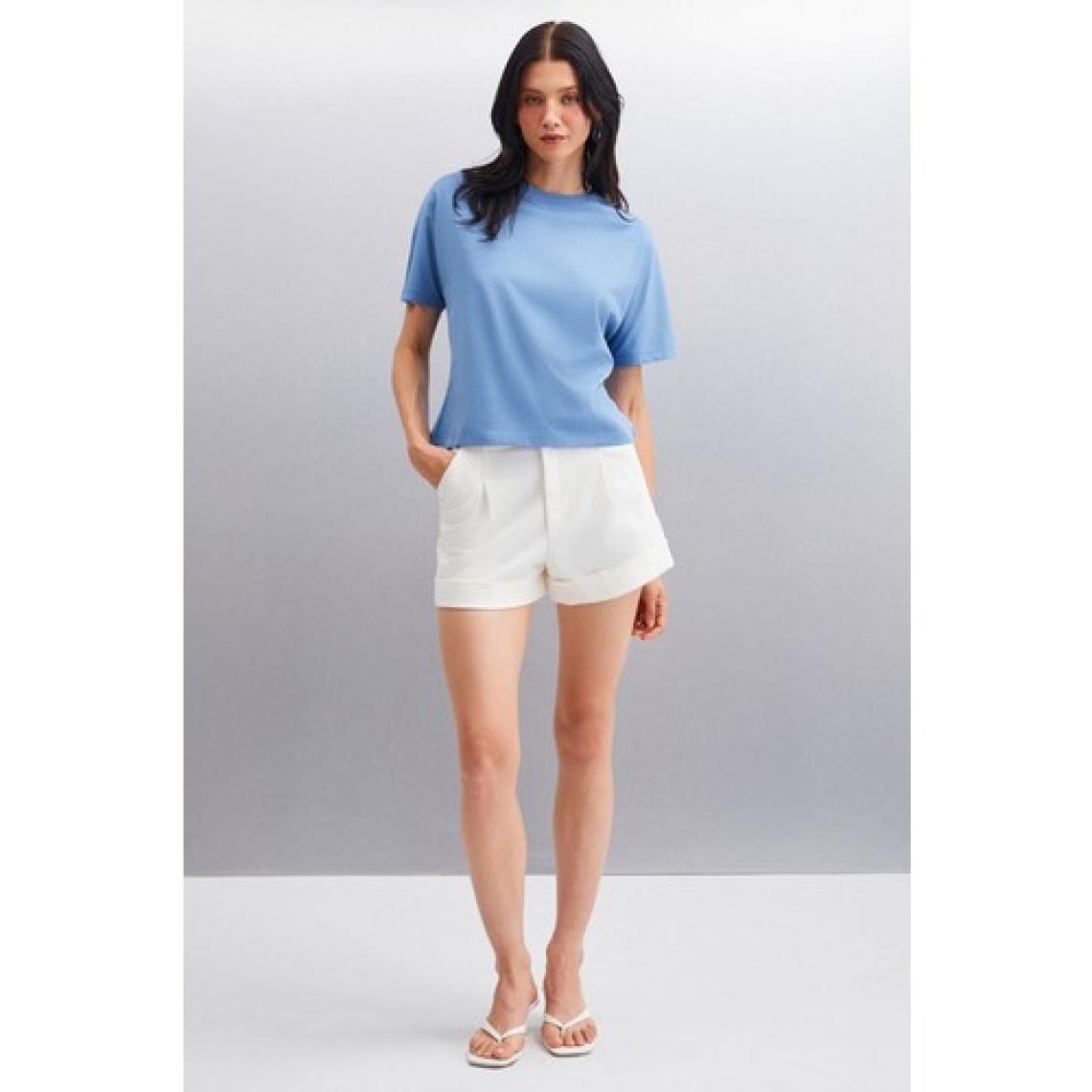 Lottıe Kadın %100 Organik Pamuklu Regular Kalıp Bisiklet Yaka Basic Kısa Kollu Indigo T-shirt
