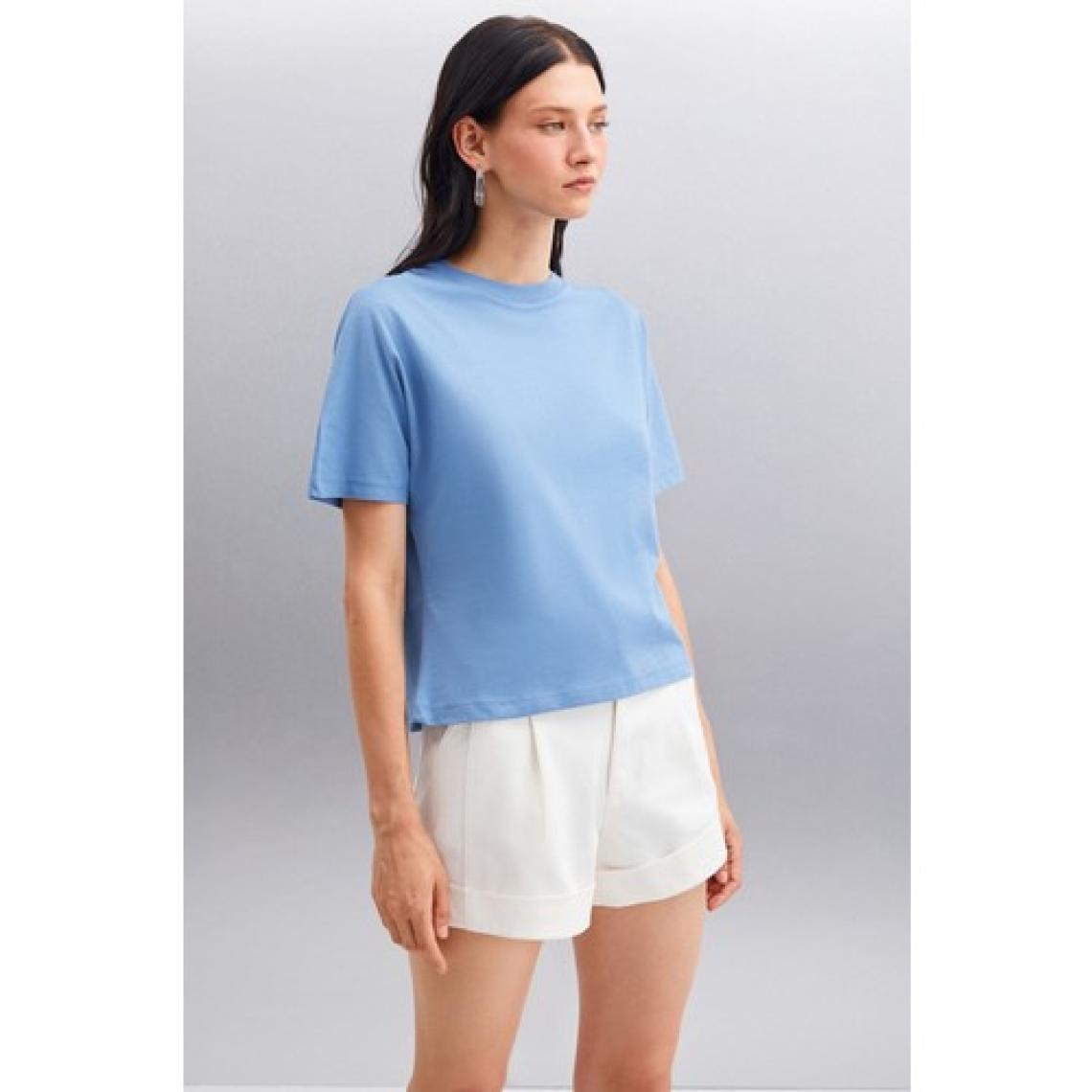 Lottıe Kadın %100 Organik Pamuklu Regular Kalıp Bisiklet Yaka Basic Kısa Kollu Indigo T-shirt