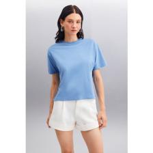 Lottıe Kadın %100 Organik Pamuklu Regular Kalıp Bisiklet Yaka Basic Kısa Kollu Indigo T-shirt