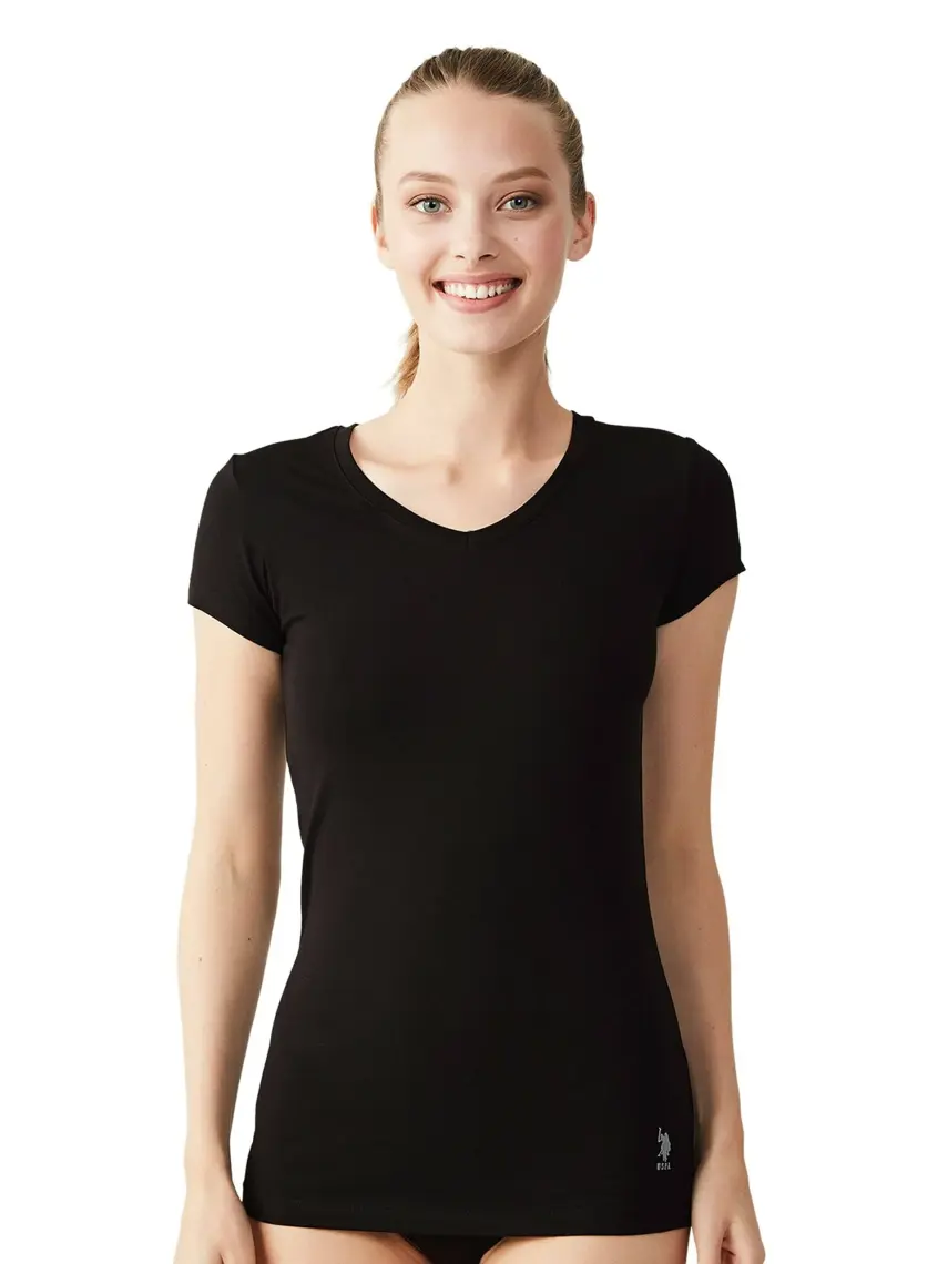 U.S. Polo Assn. Kadın Siyah Kısa Kollu V Yaka T-Shirt 66004