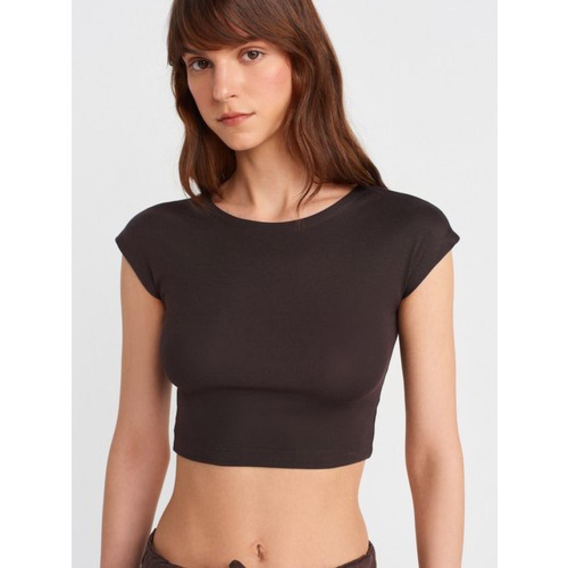 30528 Pamuk ve Modal  Karışımlı Crop Top-Koyu Kahve