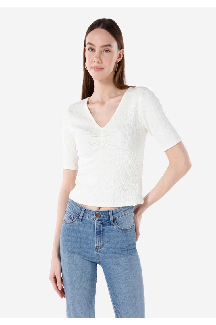 Colin's Slim Fit V Yaka  Kadın Beyaz Kısa Kol Tişört Cl1067968