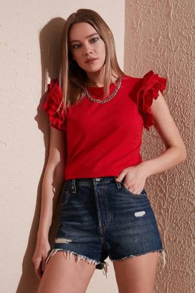 Lela Pamuklu Kolları Fırfırlı Slim Fit Bisiklet Yaka T Shirt Bayan T Shirt 5864500