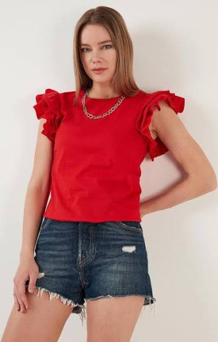 Lela Pamuklu Kolları Fırfırlı Slim Fit Bisiklet Yaka T Shirt Bayan T Shirt 5864500