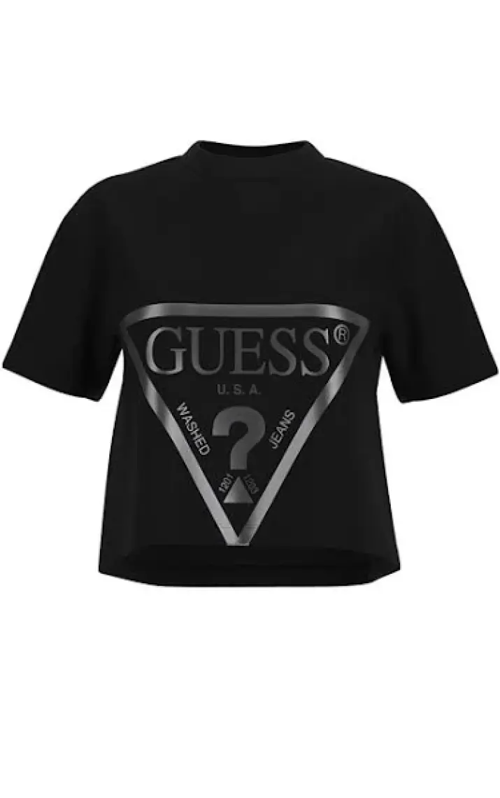 Guess Bisiklet Yaka Baskılı Siyah Kadın T-Shirt V2YI06K8HM0-ADELE Crop T-Shırt