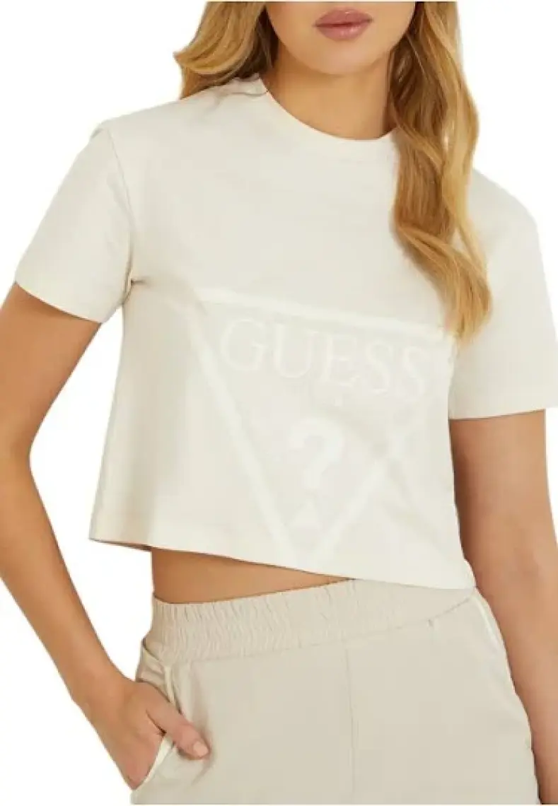 Guess Bisiklet Yaka Baskılı Siyah Kadın T-Shirt V2YI06K8HM0-ADELE Crop T-Shırt
