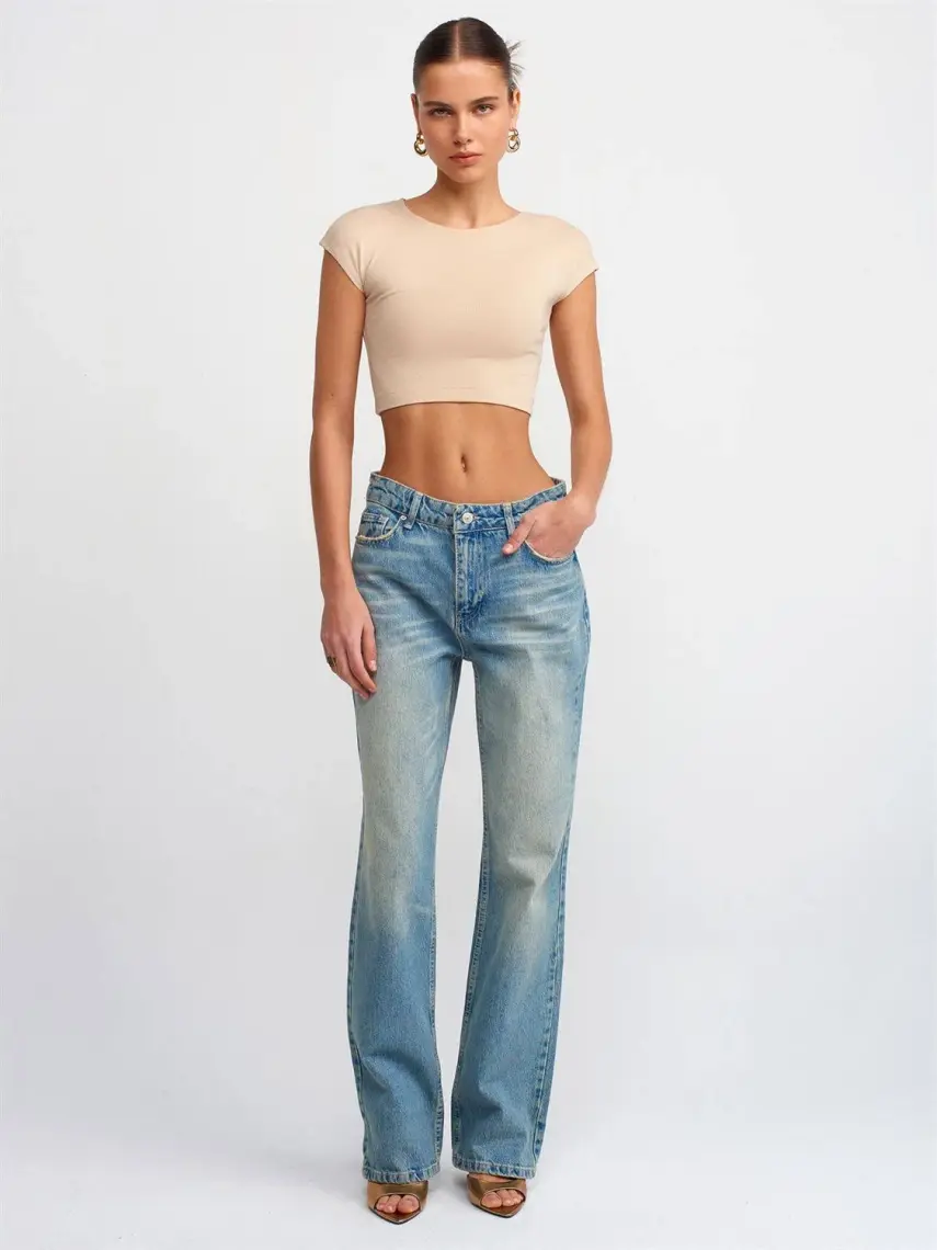 Dilvin 30528 Pamuk ve Modal  Karışımlı Crop Top-Açık Bej
