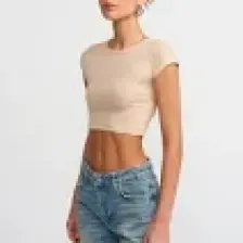 Dilvin 30528 Pamuk ve Modal  Karışımlı Crop Top-Açık Bej