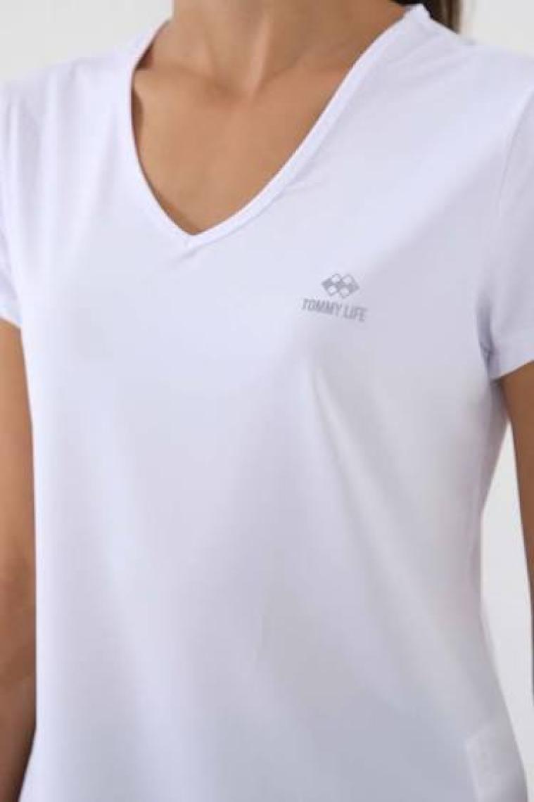 Tommy Life Gri Basic Kısa Kol Standart Kalıp V Yaka Kadın T-Shirt - 97145