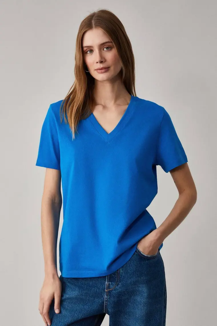 Grimelange Alıne Kadın  Pamuk Derin V Yakalı Comfort Fit Parlament Mavi T-Shirt