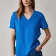 Grimelange Alıne Kadın  Pamuk Derin V Yakalı Comfort Fit Parlament Mavi T-Shirt