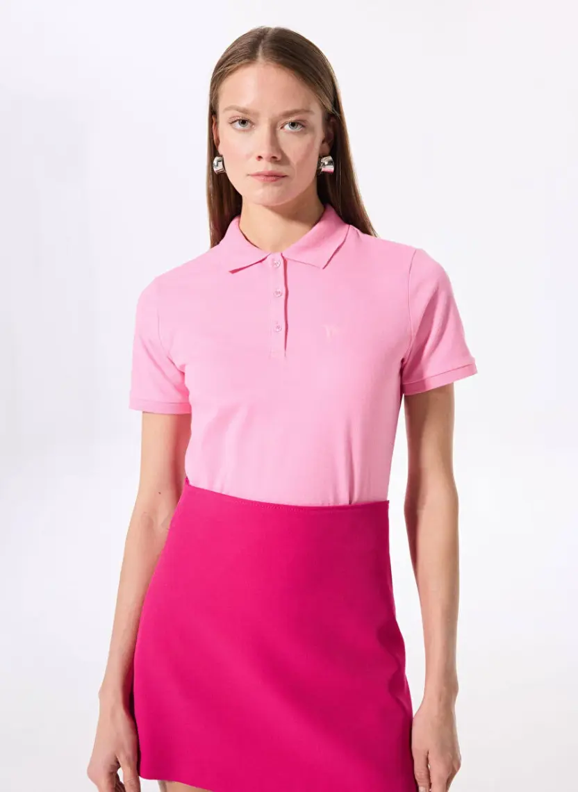 Fabrika Deep Polo Yaka  Basic Düz Açık Pembe Kadın T-Shirt