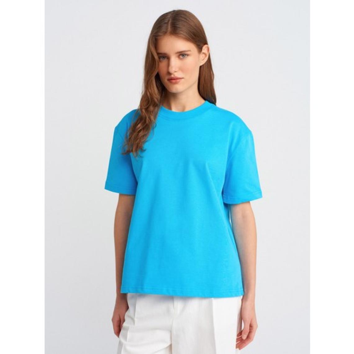 Dilvin 30312 Dekoratif Dikişli Bisiklet Yaka T-Shirt-Kahve
