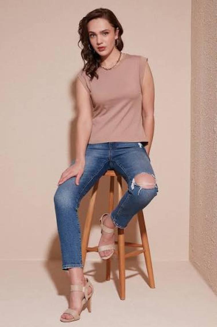 Lela Pamuklu Bisiklet Yaka Kolsuz Basic T Shirt Bayan T Shirt 5864201