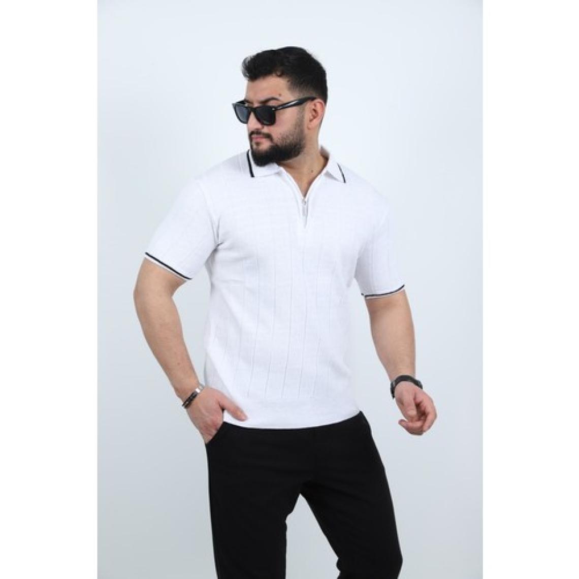 Beyaz Yarım Fermuarlı Polo Yaka Düz Triko Örme Tişört