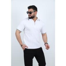 Beyaz Yarım Fermuarlı Polo Yaka Düz Triko Örme Tişört