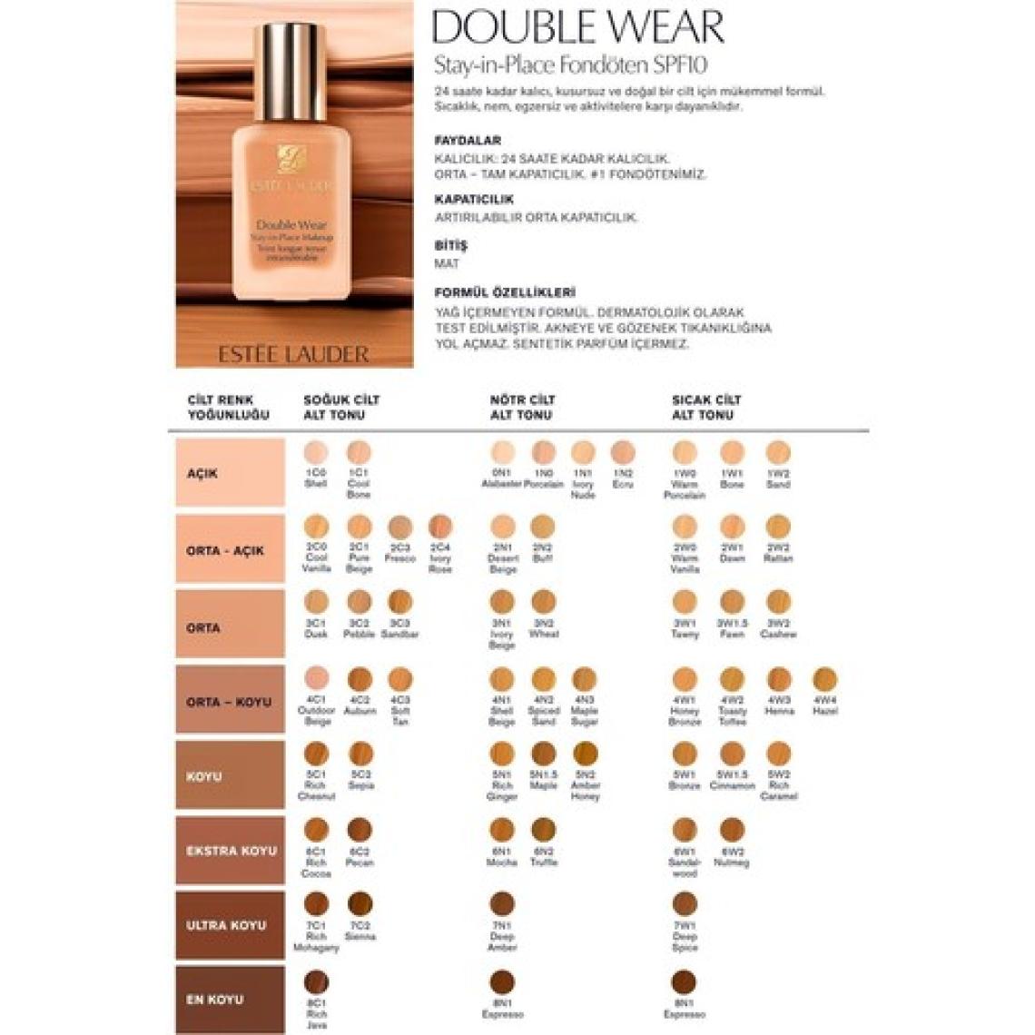 Estee Lauder Doğal ve Mat Bitişli - Double Wear Stay-in-Place Fondöten SPF 10 ( 3C3 Sandbar ) - 30 ml
