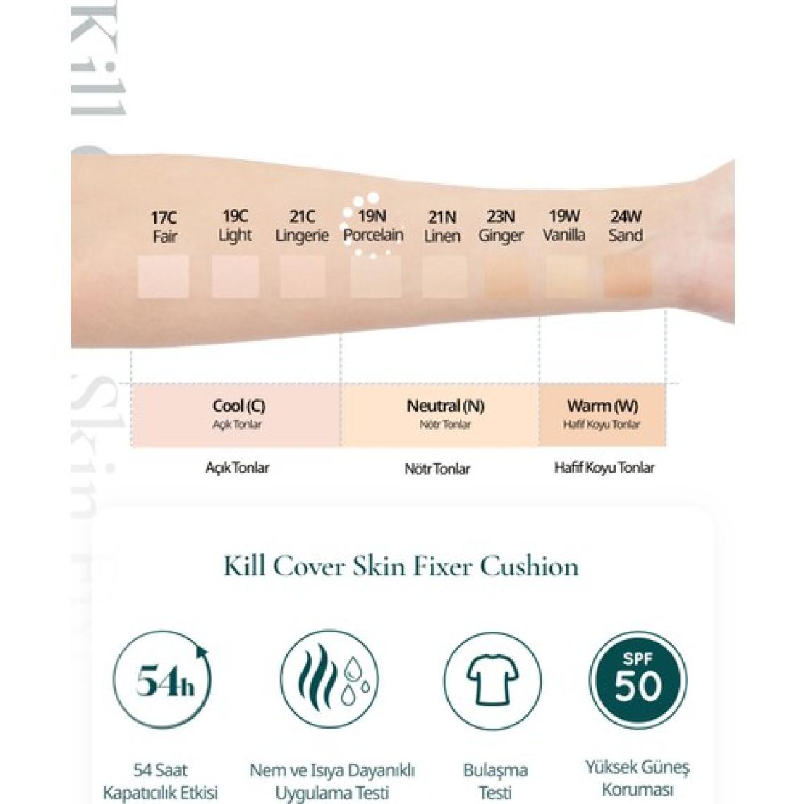 Gün Boyu Kalıcı Mat Cushion Fondöten CLIO Kill Cover Skin Fixer Cushion (19N Porcelain) SPF50+ PA+++