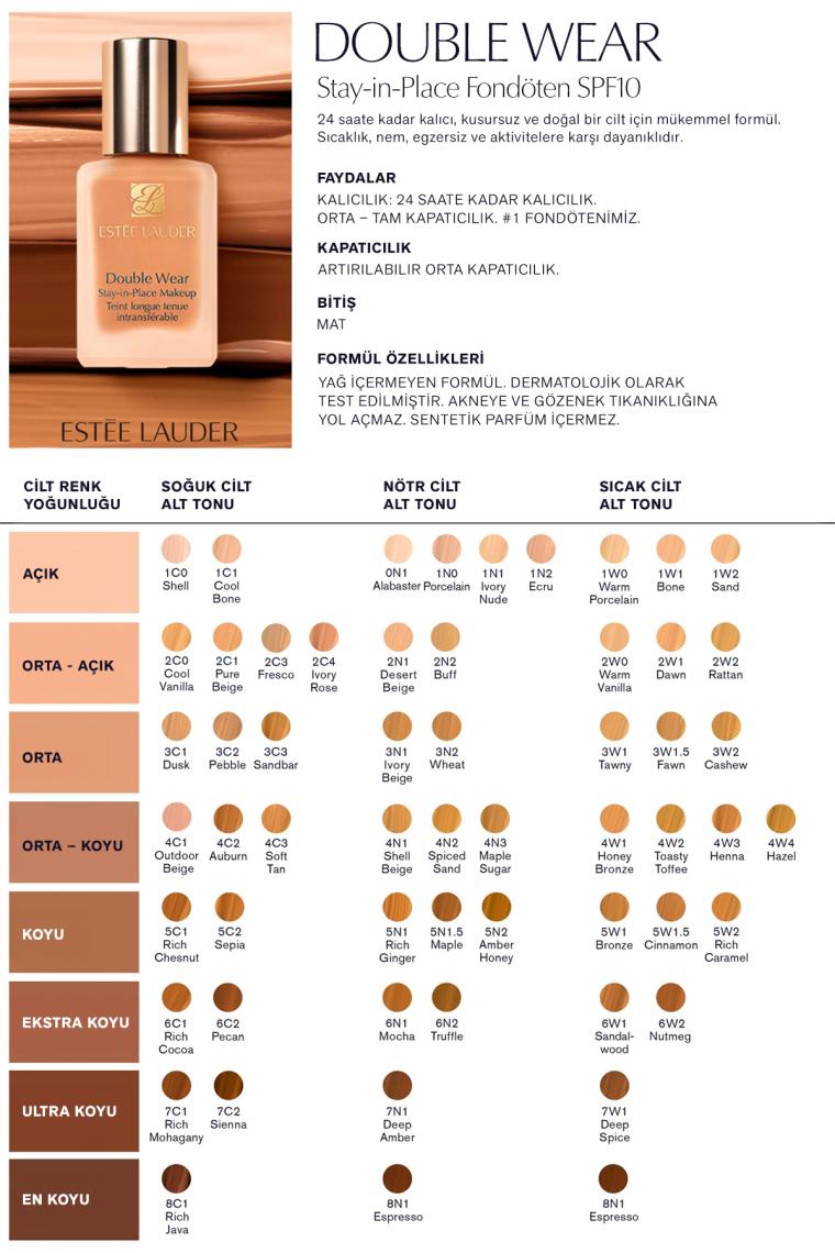 Doğal ve Mat Bitişli - Double Wear Stay-in-Place Fondöten SPF 10 ( 2W1 Dawn ) - 30 ml