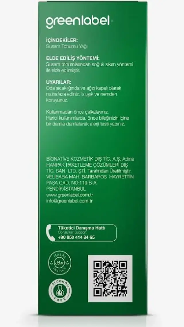 Green Label Susam Yağı Soğuk Sıkım %100 Doğal Ve Saf 50ml