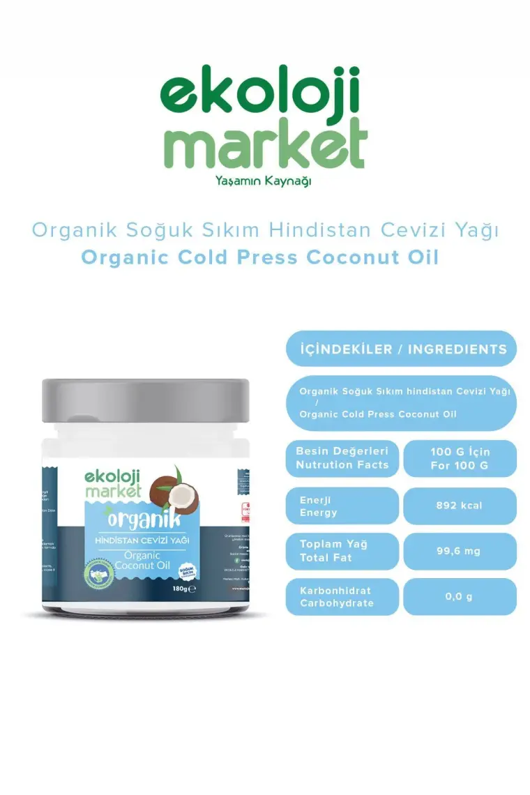 Ekoloji Market Organik Hindistan Cevizi Yağı Soğuk Sıkım 180 ml