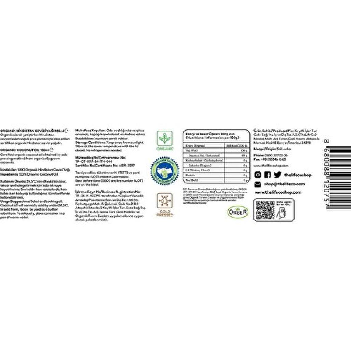 TheLifeCo Organik Hindistan Cevizi Yağı 150 ml (Soğuk Sıkım, Vegan)