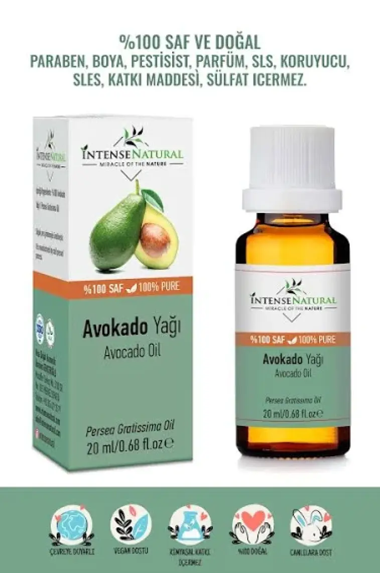 Intense Natural Avokado Yağı Soğuk Sıkım 20 ml %100 Saf ve Doğal Avocado Carrier Oil