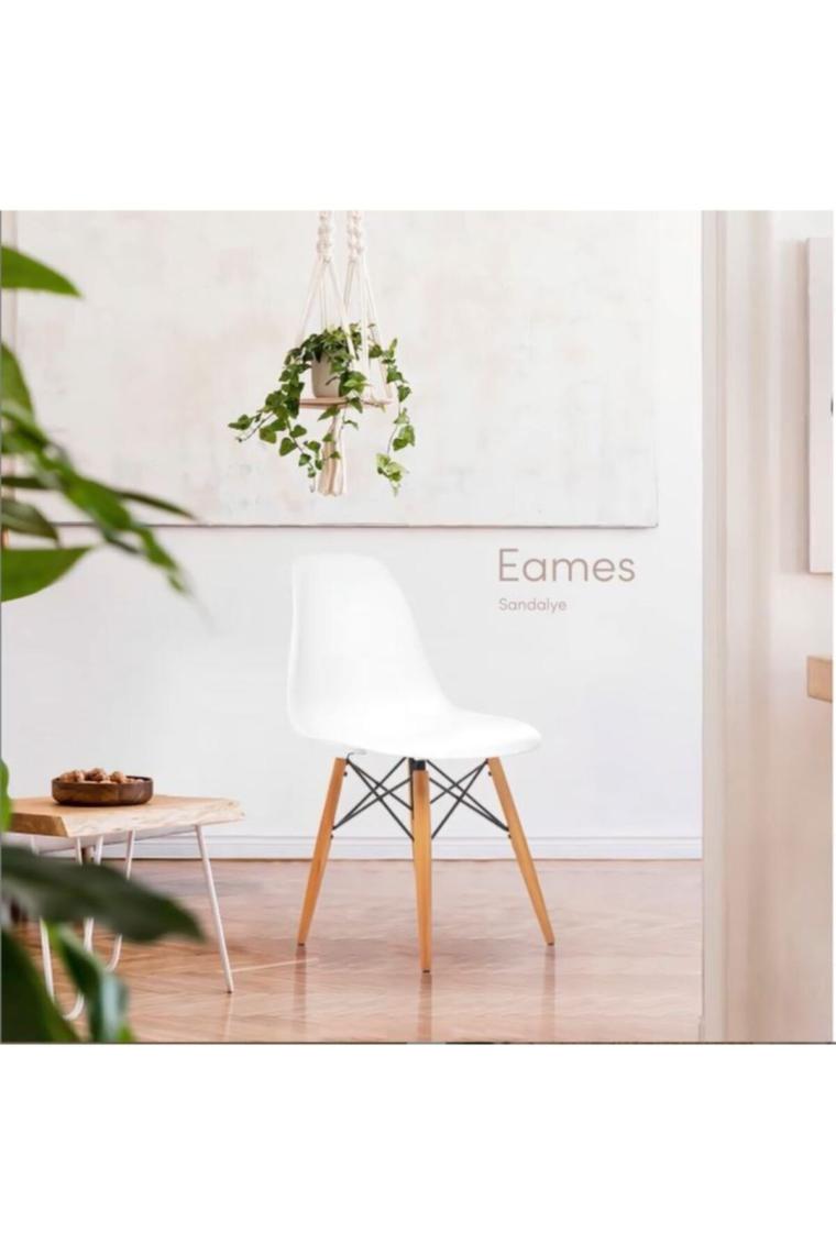 Beyaz Eames Sandalye Natural Ahşap Ayaklı | 4 Adet