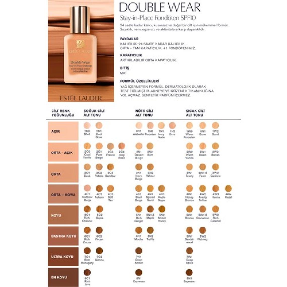 Estee Lauder Doğal ve Mat Bitişli - Double Wear Stay-in-Place Fondöten SPF 10 ( 2N2 Buff ) - 30 ml