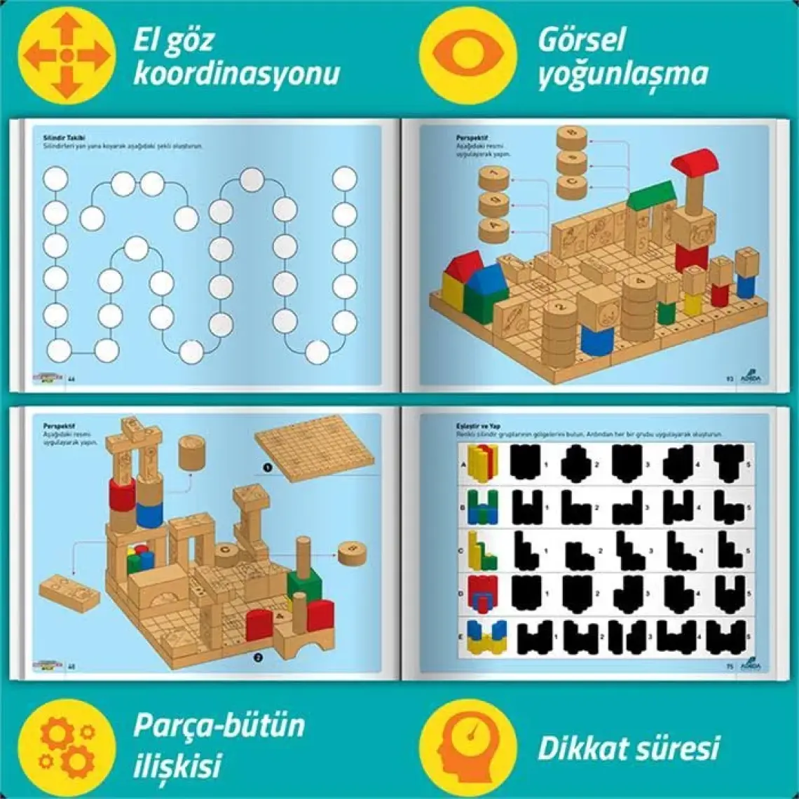 Adeda Yayıncılık Dikkati Güçlendirme Seti Plus 6 Yaş (120 Ahşap Materyal + 3 Kitap Takım) - Osman Abalı