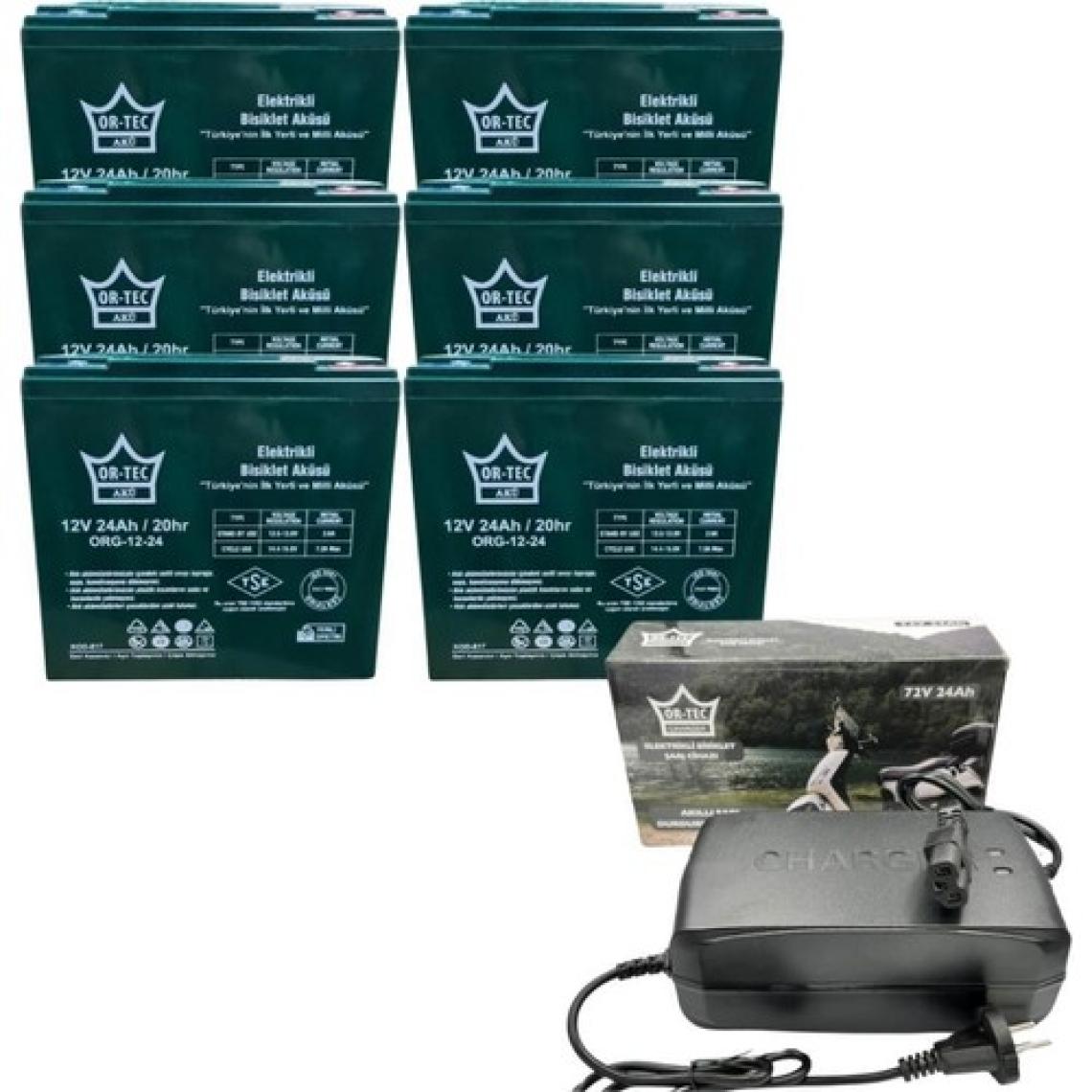 Or-Tec 6'lı Set 12V 24 Ah Elektrikli Motosiklet Aküsü ve 72V 24AH Elektrikli Bisiklet Şarj Aleti Seti
