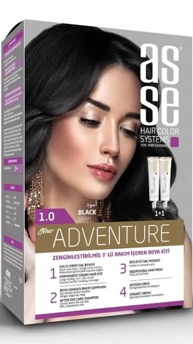 Asse Adventure Set Saç Boyası, Kalıcı ve Canlı Renkler 1+1 İki Kullanım Seti (No:1.0 Siyah)
