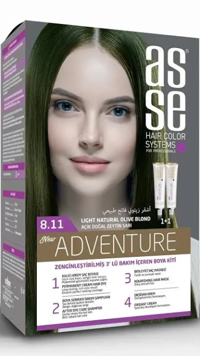 Asse Adventure Set Saç Boyası, Kalıcı ve Canlı Renkler 1+1 İki Kullanım Seti (No:8.11 Açık Doğal Zeytin Sarı)