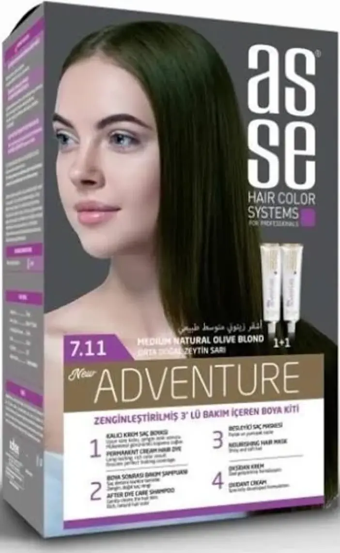 Asse Adventure Set Saç Boyası, Kalıcı ve Canlı Renkler 1+1 İki Kullanım Seti (No:7.11 Orta Doğal Zeytin Sarı)