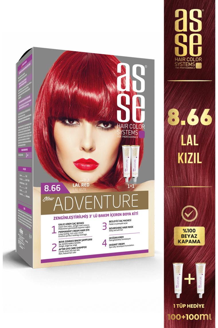 Asse Adventure Set Saç Boyası, Kalıcı ve Canlı Renkler 1+1 İki Kullanım Seti (No:8.66 Lal Kızıl)